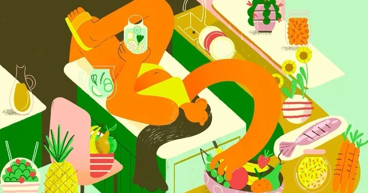 Whimsical art illustration of a woman preparing food in a kitchen with various fruits, vegetables, and potted plants in bright colors.
