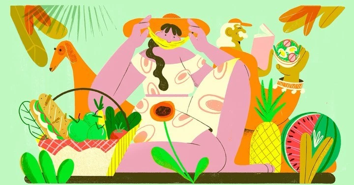 Illustrated picnic scene featuring people, food, and nature elements, with a person holding bananas to their face as a playful mask.
