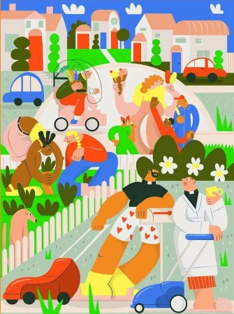 Stylized neighborhood scene with diverse people mowing lawns, riding tricycles, enjoying ice cream, set against colorful homes and foliage.