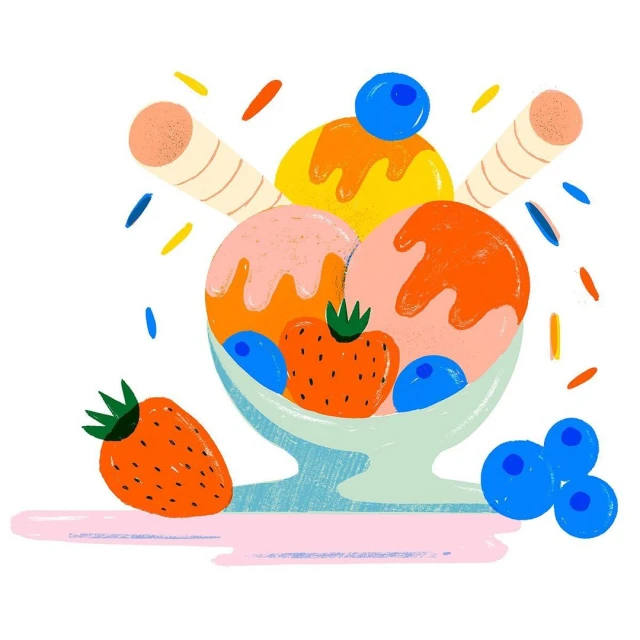 Illustration of ice cream sundae with fruit and waffle sticks, featuring strawberry, blueberry, orange, and yellow colors in a bowl.