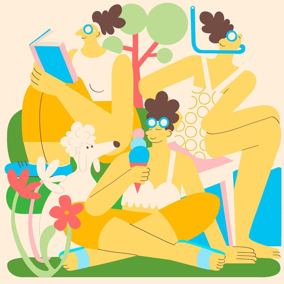 Illustration of three women in swimwear enjoying a summer day outdoors, one reading, one with a snorkel, and one eating an ice cream cone.