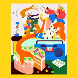 Colorful digital illustration by Ellice Weaver featuring figures, a large frosted cake, and a blue boombox