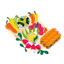 Digital illustration of an overhead food platter featuring sandwiches, peppers, olives, dips, and radishes by Ellice Weaver.