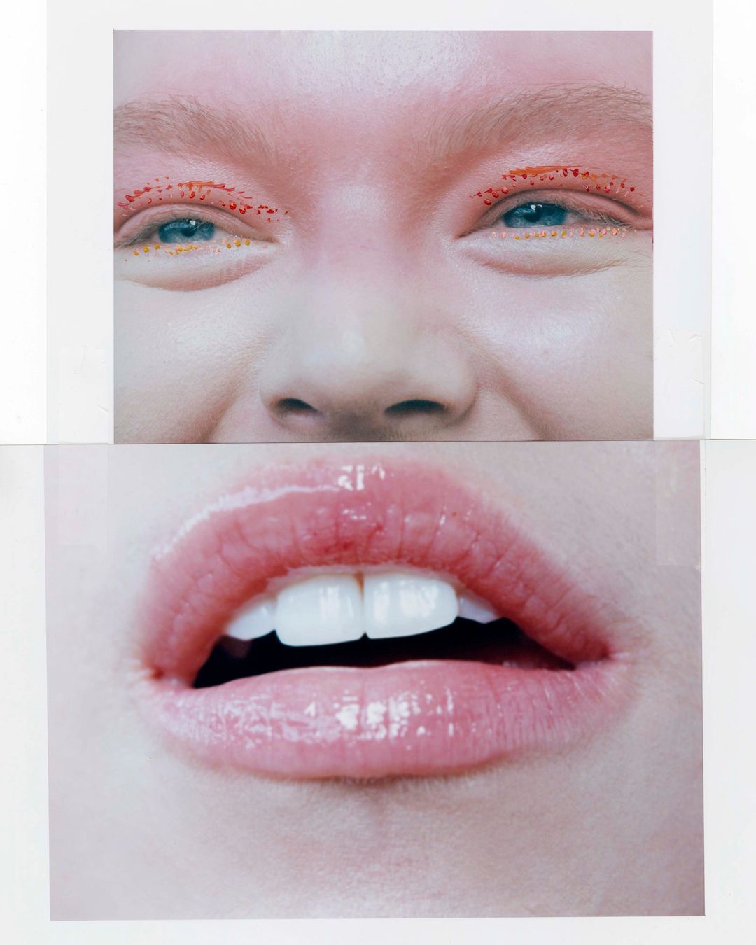 Close-up split image of a smiling face with red glitter eye makeup and a close-up of glossy lips with visible teeth.