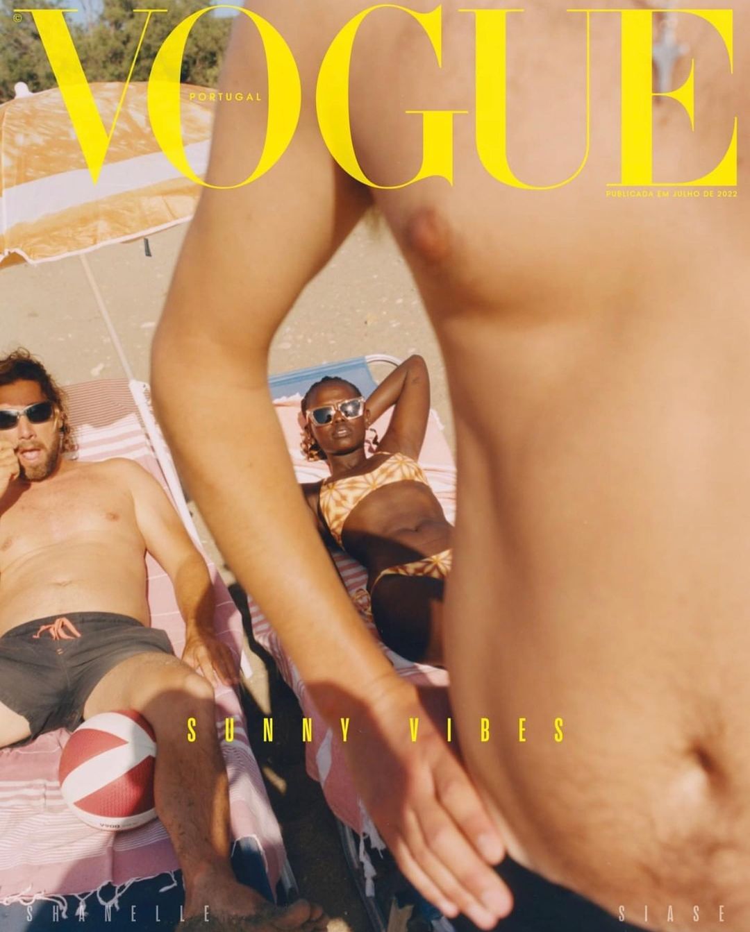 Vogue cover features three people sunbathing on a beach with a volleyball. 'Sunny Vibes' text overlayed on the magazine cover.