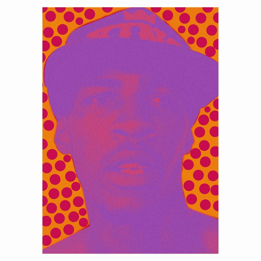 Pop art portrait of adult male wearing cap with an orange polka dot background in hues of purple and pink.