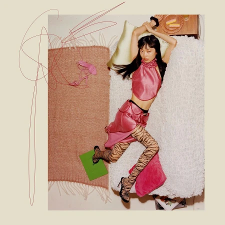 Overhead shot of a model in pink fashion attire lying on a bed with patterned tights and heels, styled with a salmon color palette.