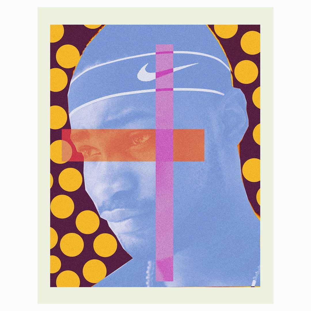 Graphic art portrait of a man wearing a headscarf, featuring purple and orange color blocks, and a polka dot patterned backdrop.