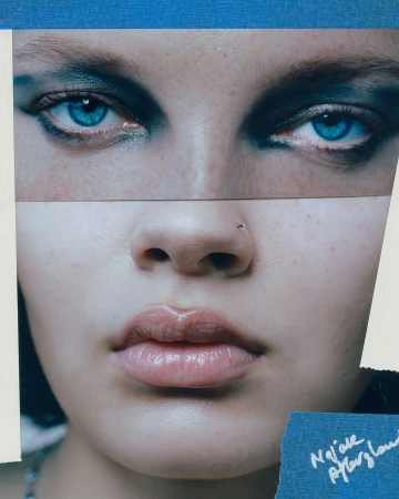 Close up photo collage portrait of a face with blue eyes and dark eyeshadow by Elliot James Kennedy