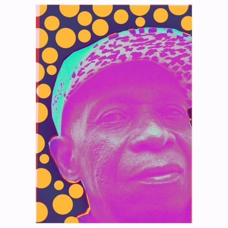 Close-up portrait of an adult man with vivid purple skin, wearing a patterned cap against a background of bold orange polka dots.