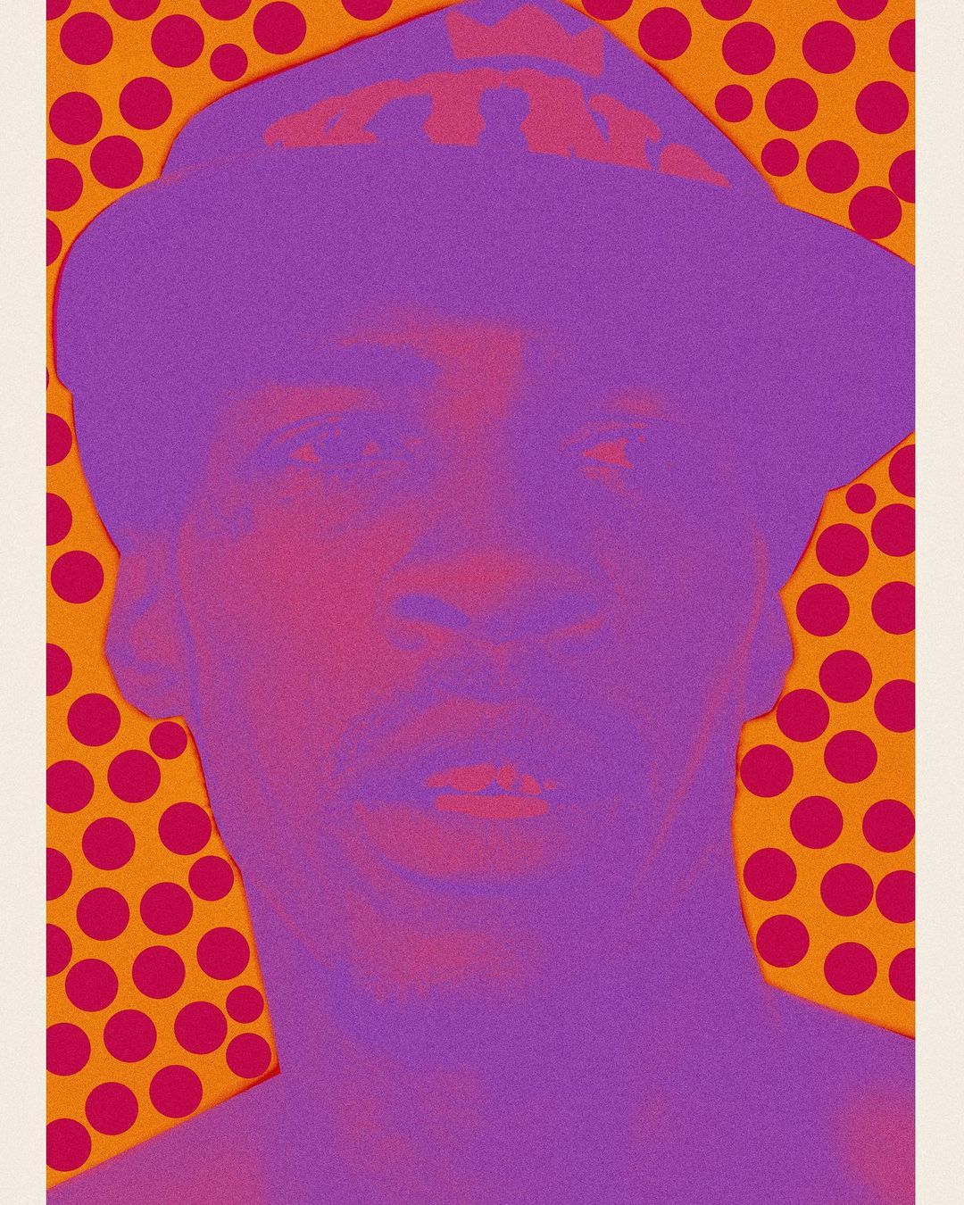 Illustration of a person in purple tones against a background of orange with red polka dots, evoking a retro artistic style.