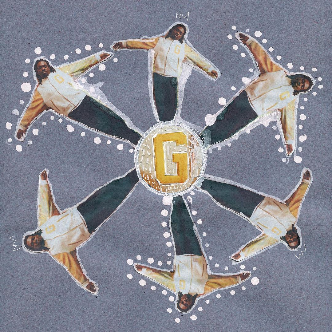 Collage of six adult humans in star formation around central emblem with a large yellow 'G' on a muted grey-blue background.