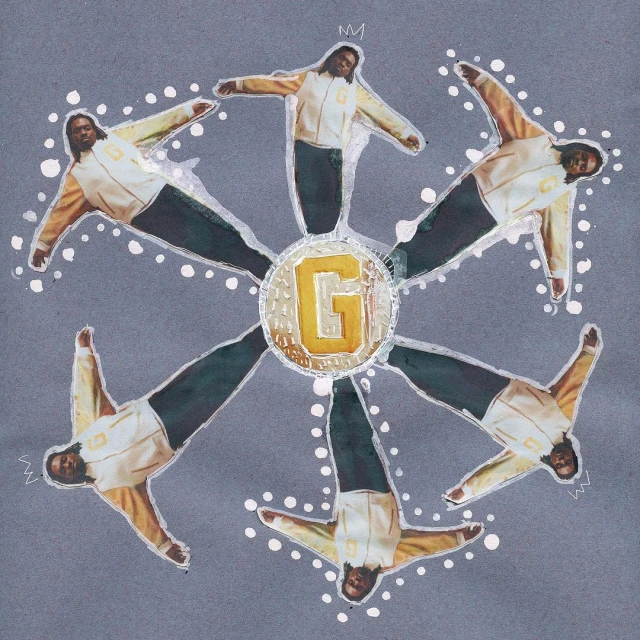 Collage of six adult humans in star formation around central emblem with a large yellow 'G' on a muted grey-blue background.