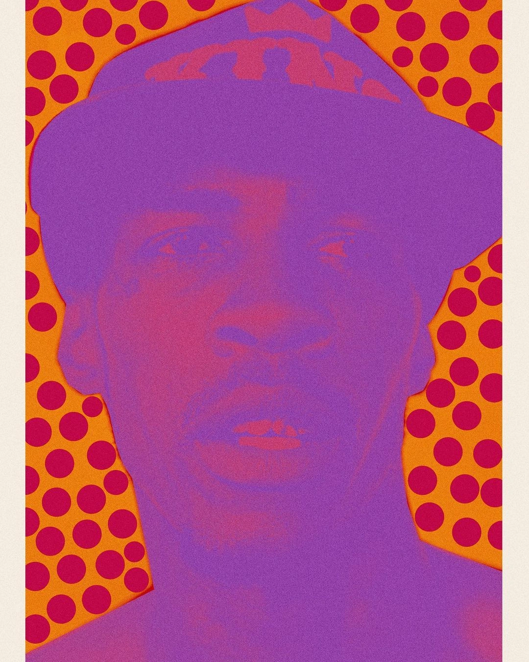 Close-up portrait of a man wearing a cap against an orange background with pink polka dots, rendered in a duotone purple and orange colourway.