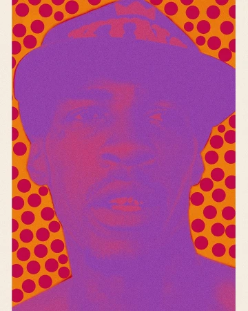 Close-up portrait of a man wearing a cap against an orange background with pink polka dots, rendered in a duotone purple and orange colourway.