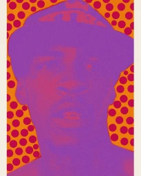 Close-up portrait of a man wearing a cap against an orange background with pink polka dots, rendered in a duotone purple and orange colourway.