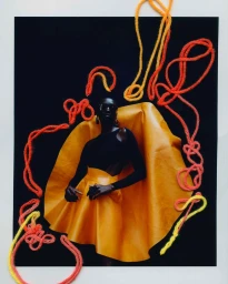 Model in dark sunglasses wearing an asymmetric black top and yellow skirt against a black backdrop with yarn loops