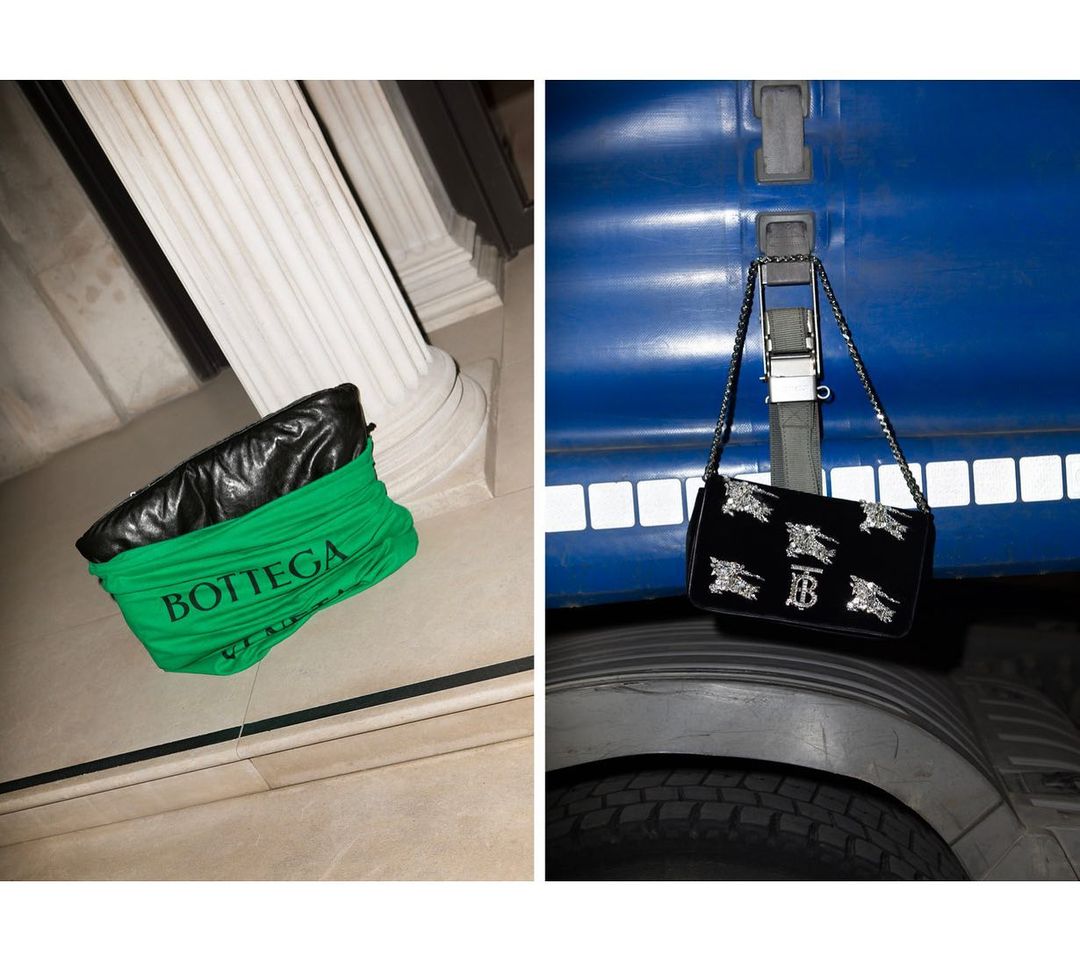 Two designer purses are showcased: a green Bottega Veneta with black leather accents and a black Burberry adorned with silver emblems.