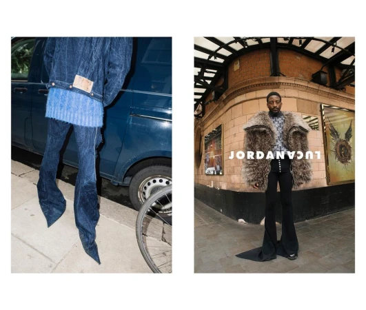 Two fashion portraits: one features a blue outfit next to a car wheel, the other shows a stylish man in an urban setting.