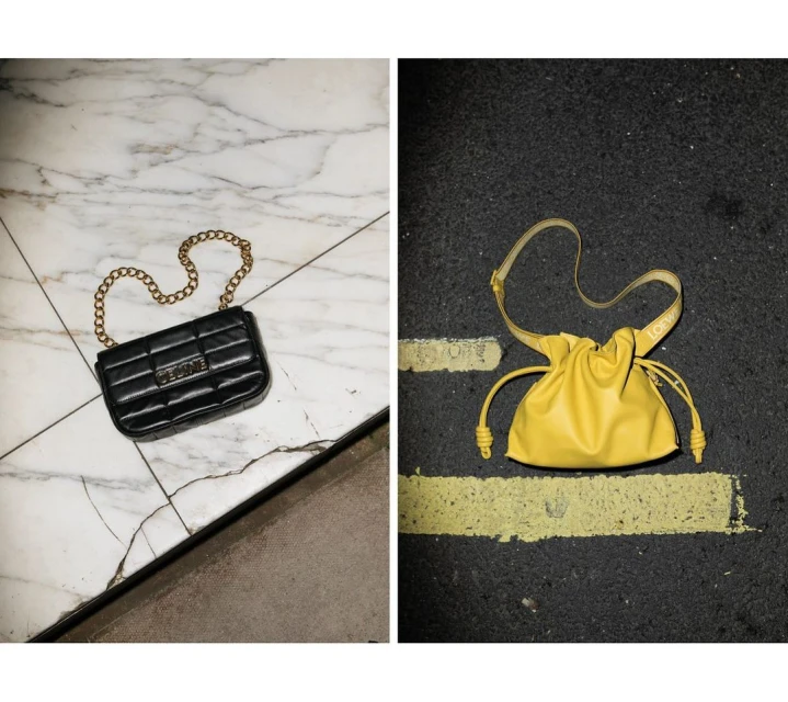 Two contrasting scenes: A black chain purse on a marble surface and a yellow drawstring bag on a dark, asphalt road.