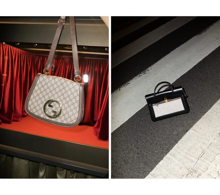 Fashionable handbag on a stage with red curtains and another bag on a crosswalk creating a high-fashion juxtaposition.