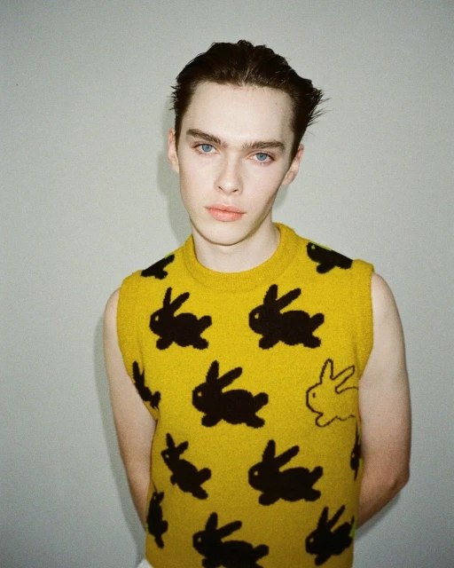 Portrait of a young adult male with dark hair and blue eyes, wearing a yellow sweater vest with black and white rabbit patterns.