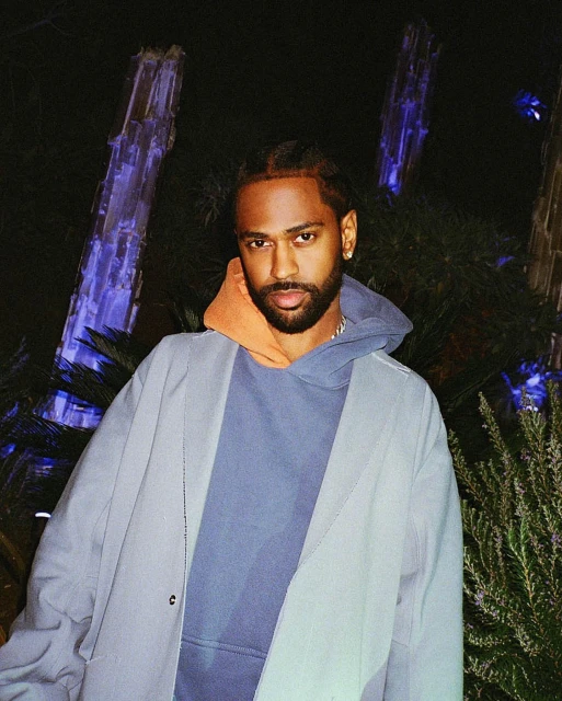 Close-up of a stylish adult male wearing a two-tone hooded sweatshirt and light coat, posing outdoors against a backdrop of dark greenery.