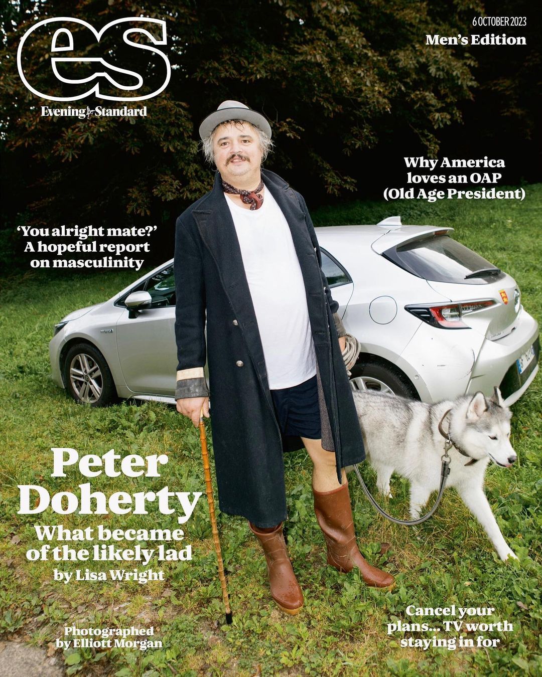 Magazine cover of 'Evening Standard' featuring Peter Doherty with a dog and car in a grassy setting, wearing a hat and long coat.