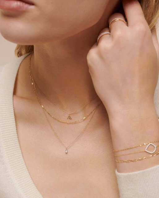 Neck and upper chest of a woman wearing layered gold necklaces, a bracelet, and rings, set against a neutral background.