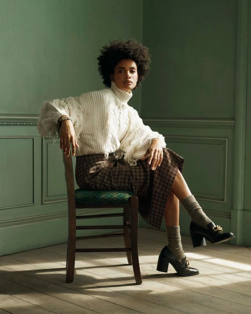 An adult woman with dark curly hair is sitting on a wooden chair in a green room, wearing a white sweater and a plaid skirt.