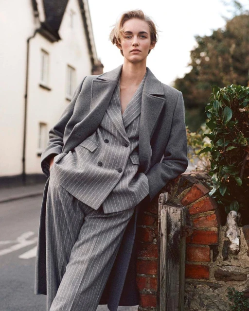 A woman in a grey pinstripe suit and long coat poses by a brick fence outdoors, with a white house visible in the background.