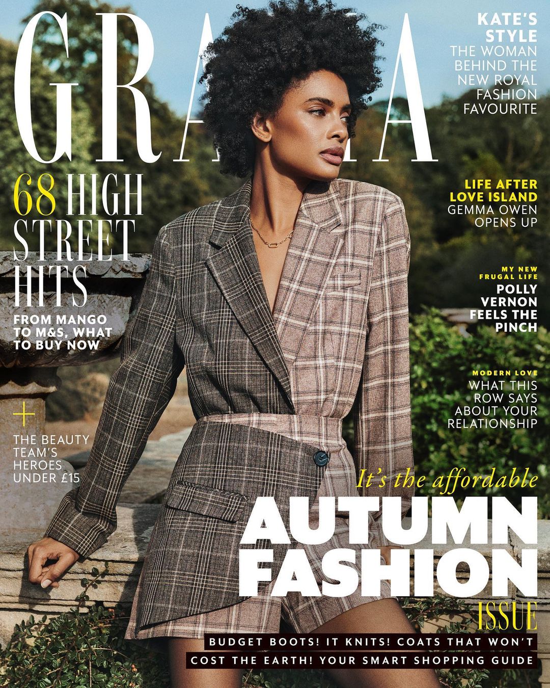 Fashion magazine cover featuring a woman in a plaid blazer and skirt with large GRAZIA masthead and article headlines in varied fonts and sizes.