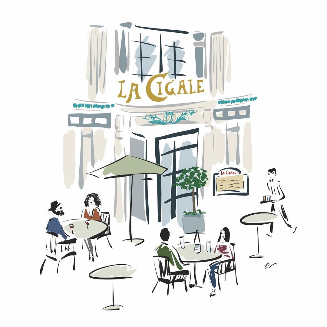 Illustration of a cafe scene featuring people at tables outside a building with the name 'LA CIGALE' above the entrance.