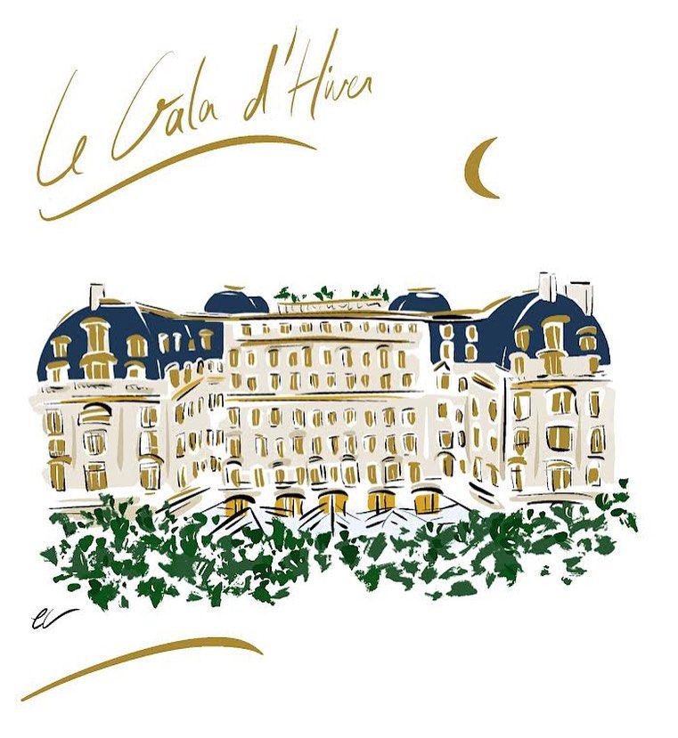 Illustration of a multi-story building with trees in front, showcasing architectural details, and rendered in white, green, blue, and gold tones.