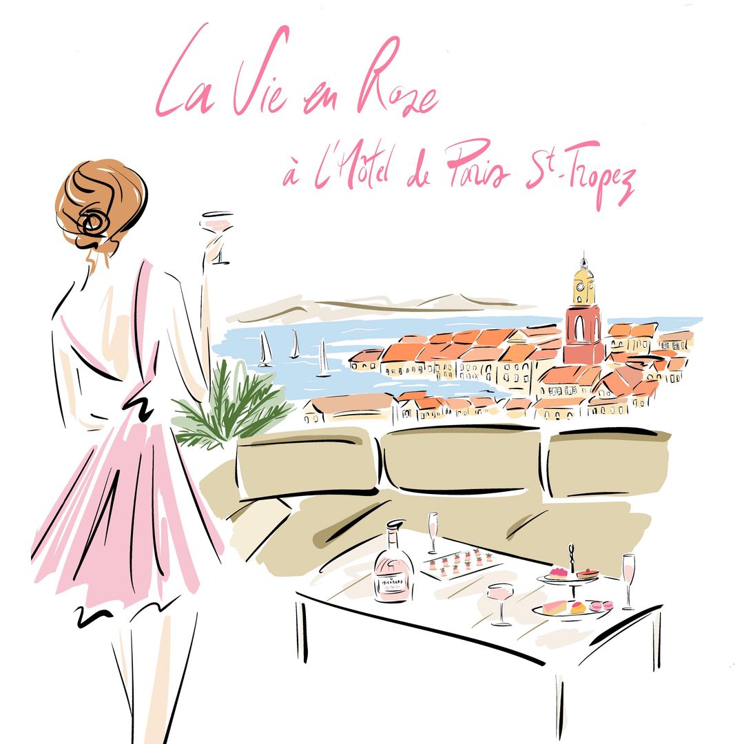 Illustration of a woman in a pink dress holding a drink, overlooking a coastal town with architecture and boats on the water.