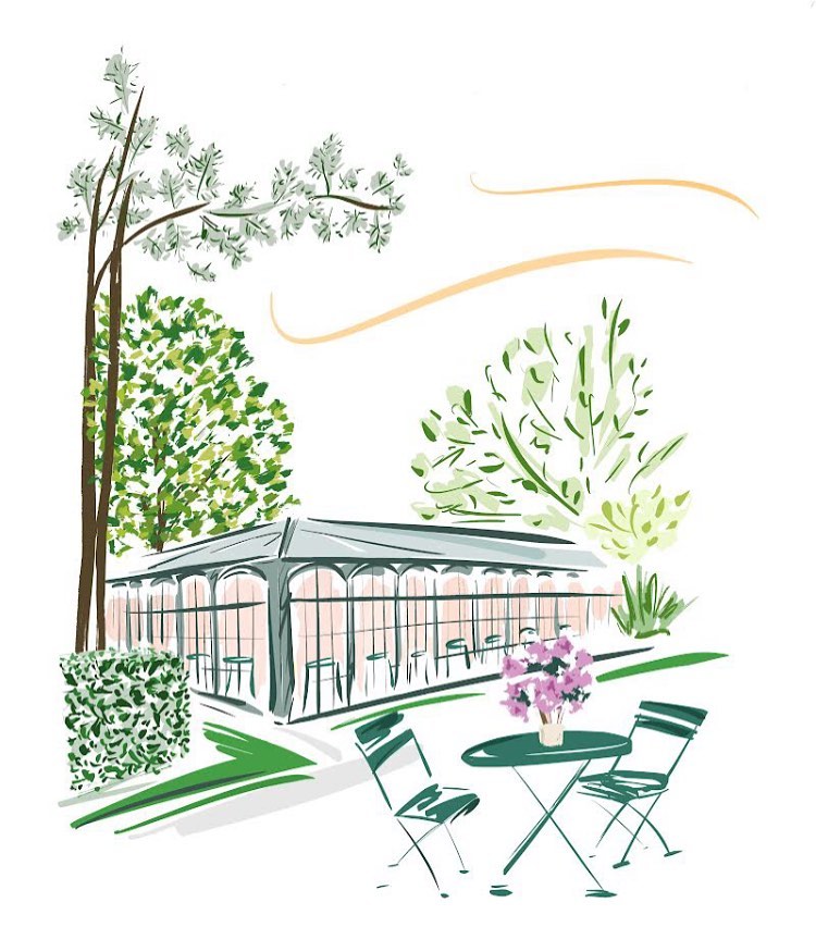 Illustration of an outdoor café with tables and chairs, a glass-enclosed structure, trees, and a white background, evoking a serene atmosphere.