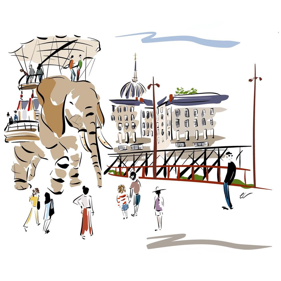 Illustration of an elephant with people in a platform on its back, walking in a city with other pedestrians on a sunny day.