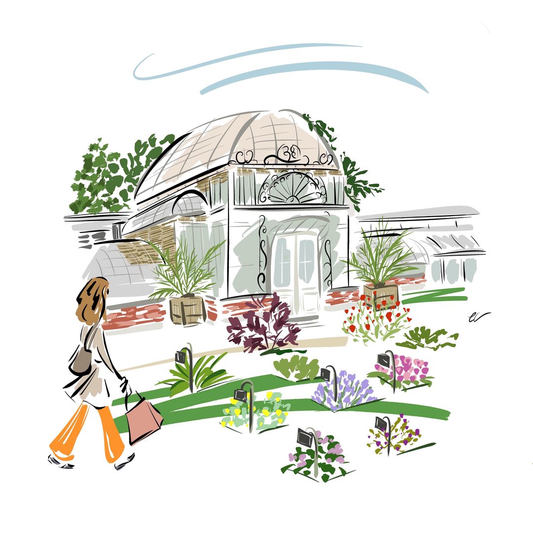 Illustration of a woman walking near a greenhouse with plants in a garden setting, depicted in a stylized, hand-drawn aesthetic.
