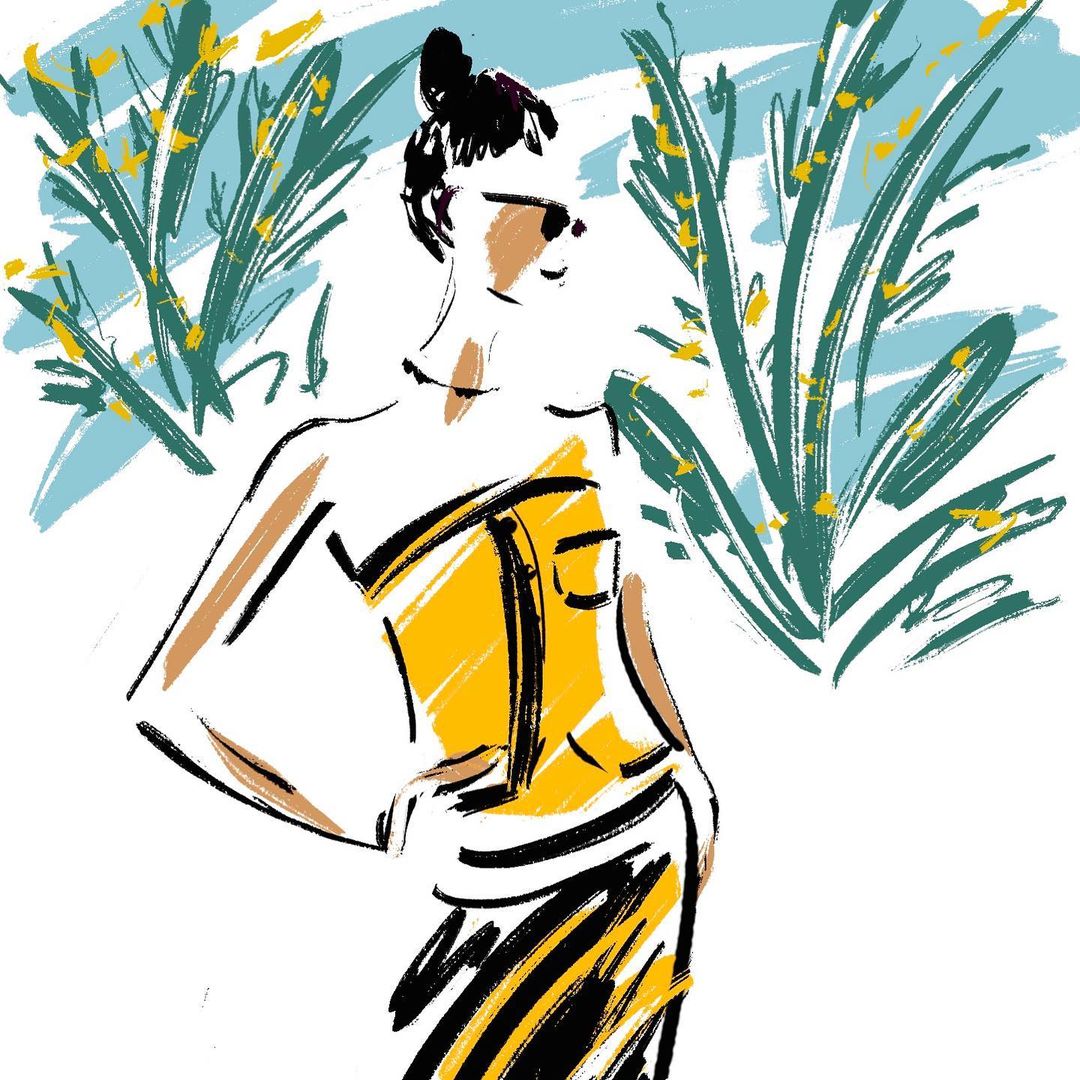 Illustration of an adult woman with a bun, wearing sunglasses and a yellow outfit, standing in front of green foliage.