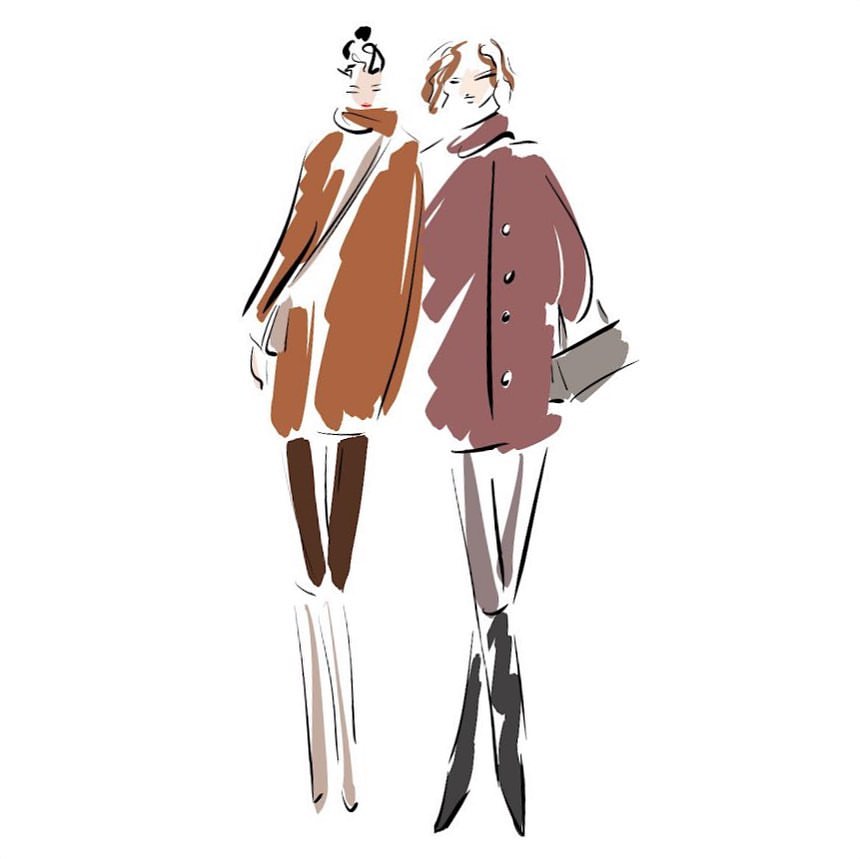 Illustration of two slender women in stylish overcoats, one in brown and one in mauve, on a clean white backdrop, showcasing fashion design.