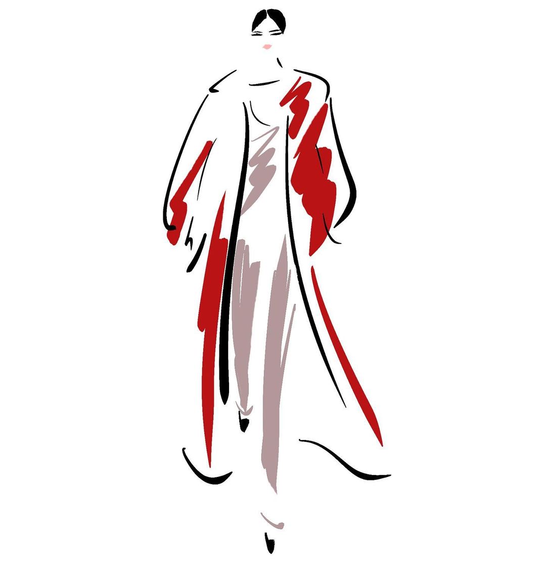 Fashion illustration of a slender woman in a white dress and red coat walking confidently against a clean white backdrop.