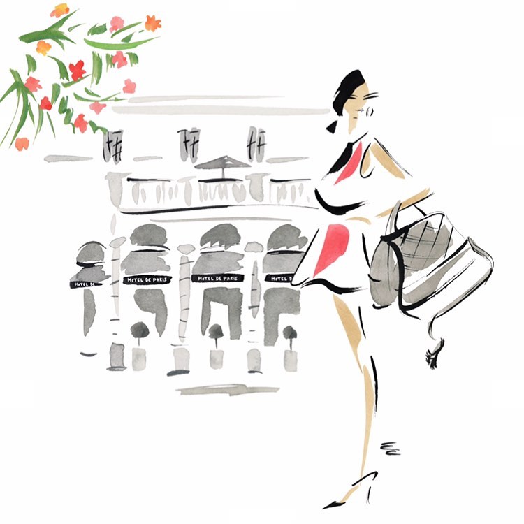 Fashion illustration of a woman with a designer bag, walking past the Hotel de Paris, with watercolor-style rendering and flowers.