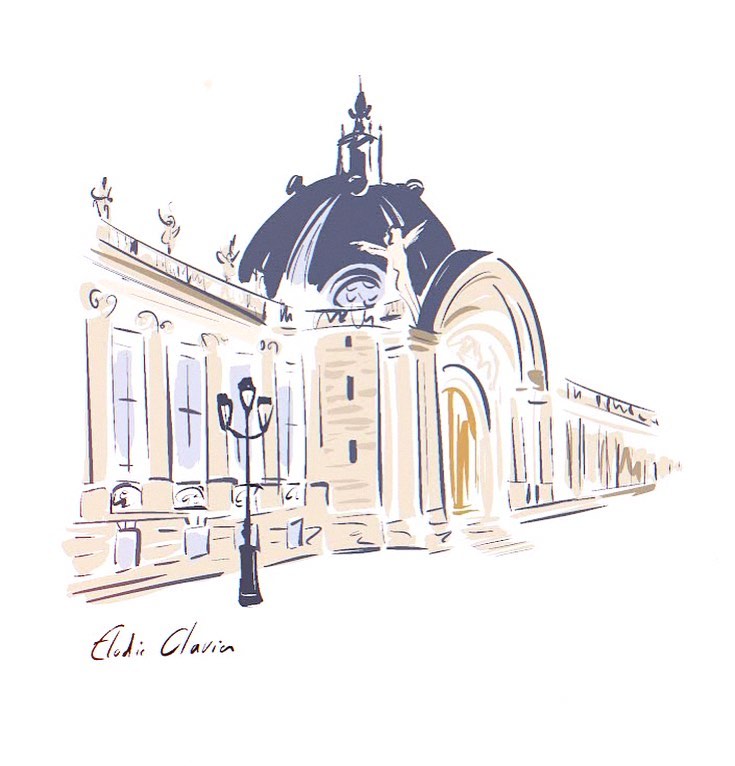 Illustration of a domed building with arched entrances and a vintage lamp post against a white background; Elodie Clavier signature.