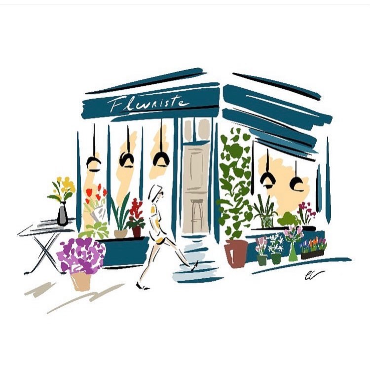 Illustration of a woman walking into a flower shop with plants, flowers, and a table with a vase on the sidewalk.