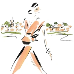 Watercolor illustration of a woman walking with a Parisian cityscape in the background
