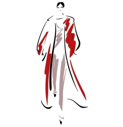 Minimalist fashion illustration of a standing woman in a long red coat over white garments by Elodie Clavier