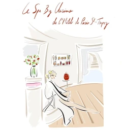 Fashion illustration of a woman in a spa interior by illustrator Elodie Clavier with handwritten typography