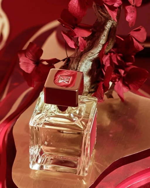 Still life of a clear glass perfume bottle with a red cap, set against a red and light-brown background with floral and branch accents.