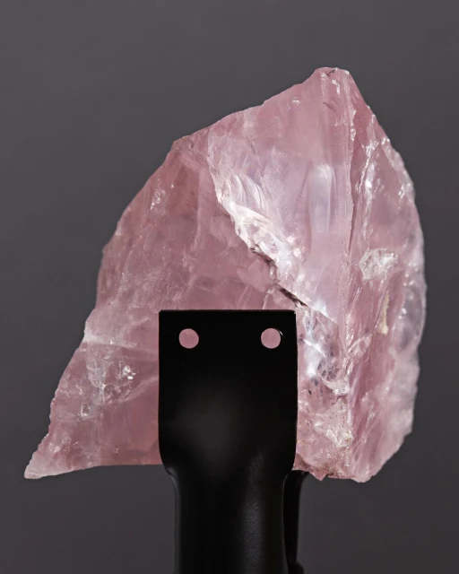 Close-up studio shot of a translucent rose quartz crystal on a black stand against a grey background, showcasing its texture and color.