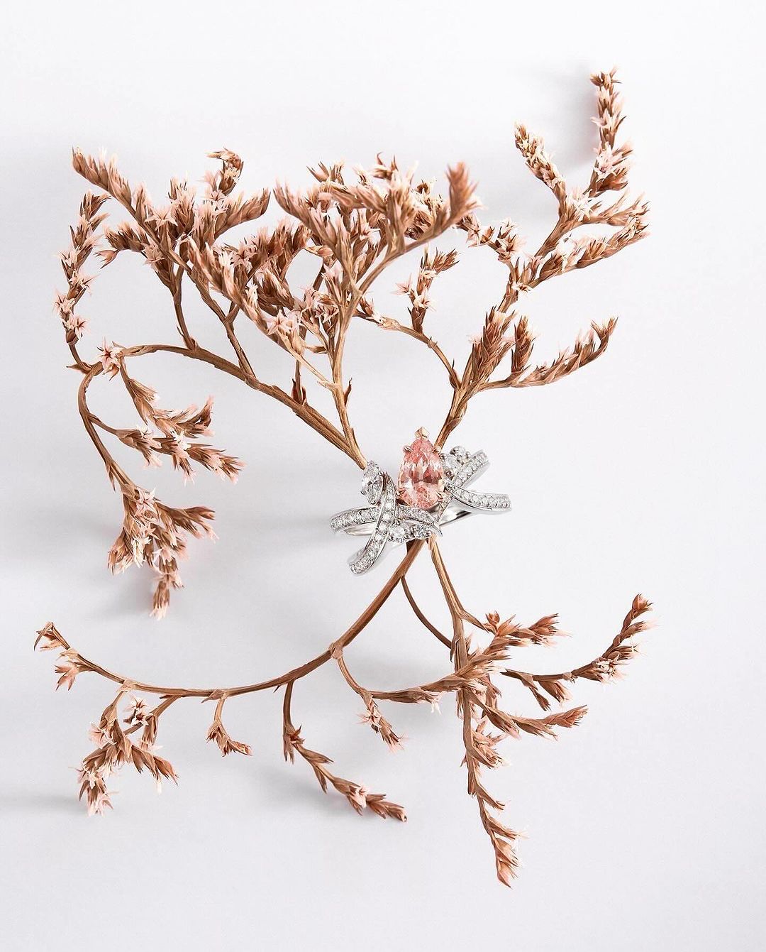Elegant diamond ring with a pink gemstone is displayed on dried floral branches against a clean white backdrop, jewelry still life.